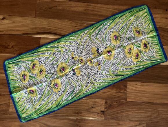MCM Accessories - Vtg 1930's Silky Scarf Art Deco Floral Bee's Colorful Hand Rolled Blue MCM Rare